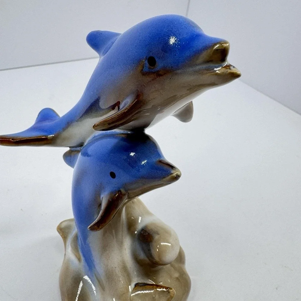 Vintage Ceramic Dolphin Pair Figurine Blue Brown Ocean Coastal Decor 6